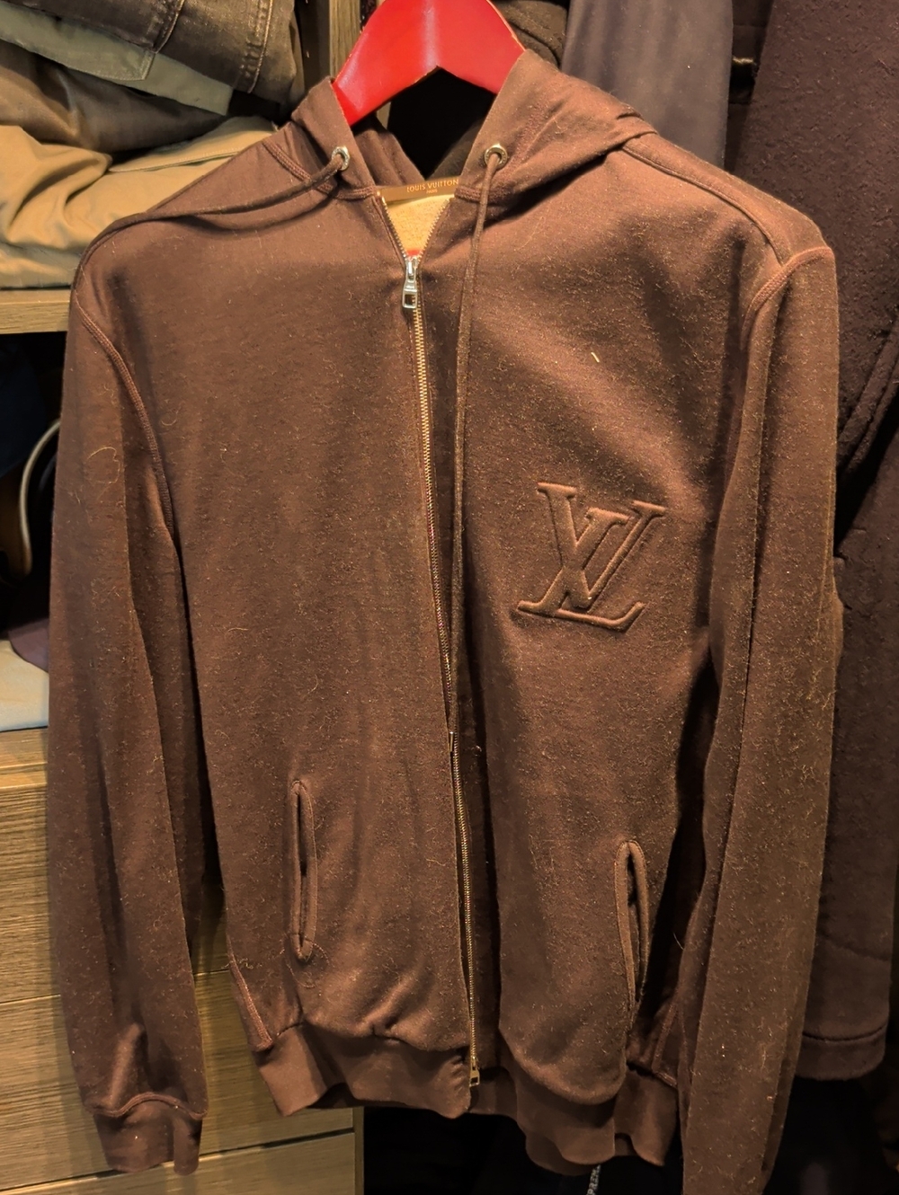 Louis Vuitton Chocolate Brown Zip-Up Hoodie with Embroidered LV